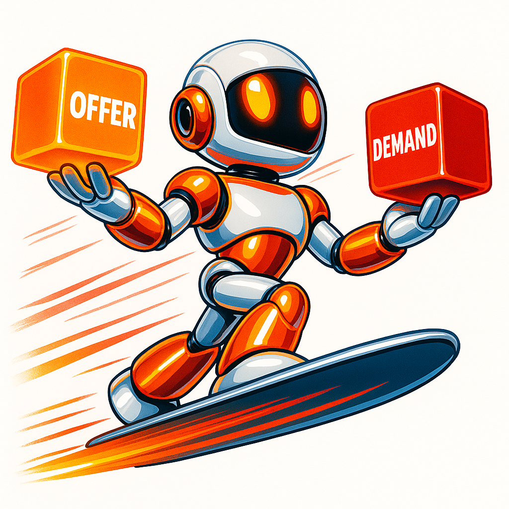 Un petit robot orange transporte une étiquette d'offre vers une demande.