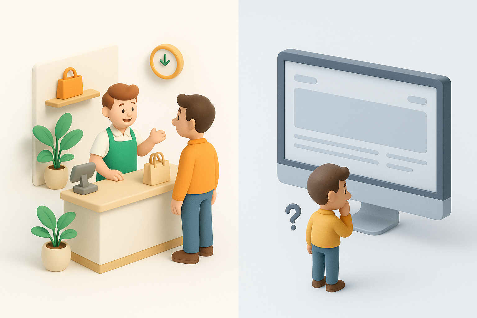 À gauche, une vitrine chaleureuse; à droite, une page web vide. Un entre-deux flou montre le manque d'humain.
