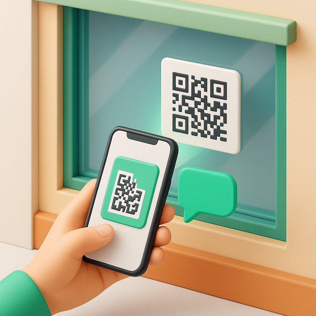 Un passant scanne un QR code sur une vitrine; une bulle de discussion lumineuse apparaît.