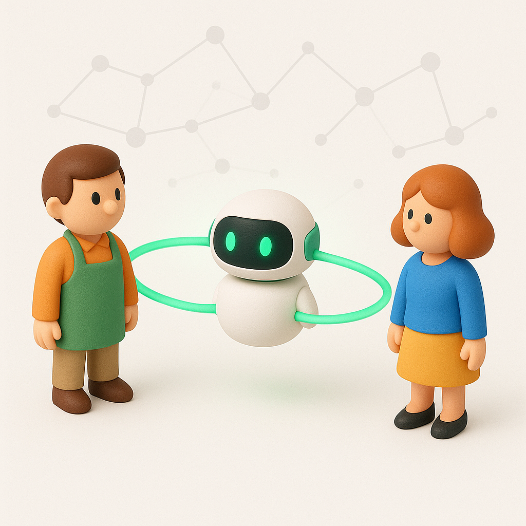 Silhouette face à un grand écran, avec un petit robot lumineux à côté.